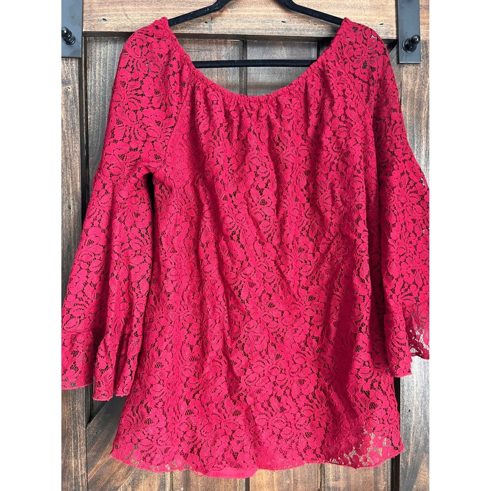 Forgotten‎ Grace Red Floral Lace Peasant Top Bell Sleeve Off Shoulder Large - Picture 4 of 15